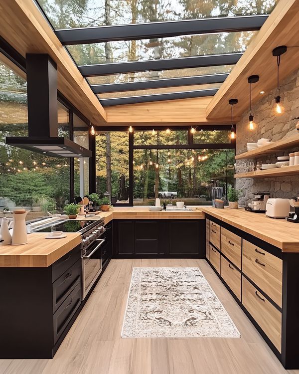  Kanopi dapur dengan atap skylight besar yang memungkinkan cahaya matahari masuk sepenuhnya